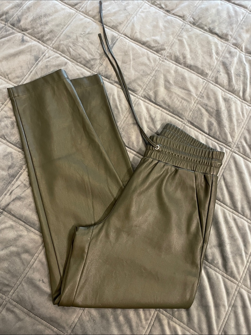 Loft Pull on Drawstring Hunter Green Faux Leather Pants